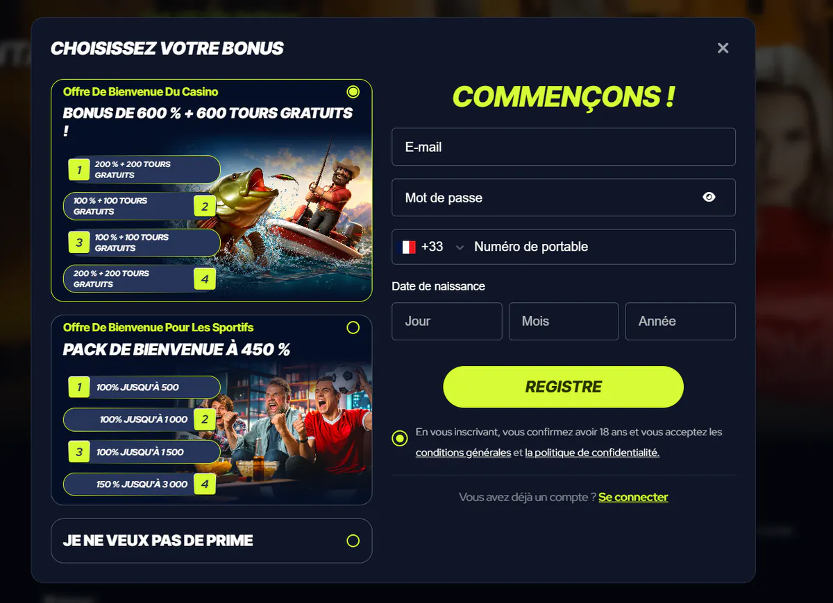 BetBeast Casino formulaire d'inscription avec bonus casino de 600 % et 600 tours gratuits, bonus sportif de 450 % et champs de création de compte