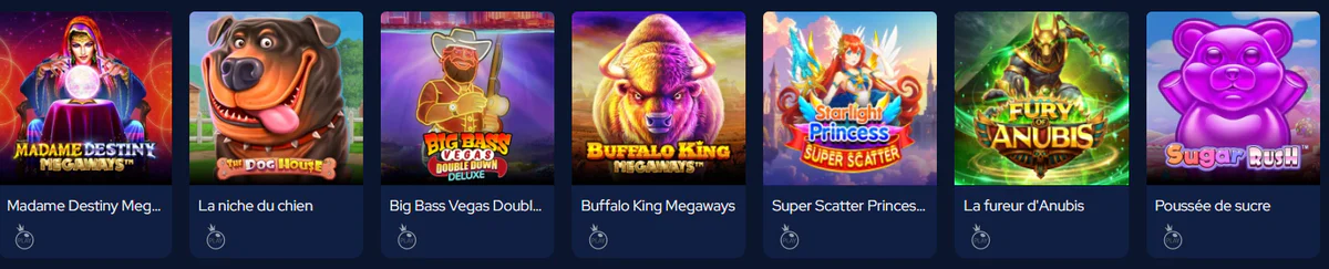 BetBeast Casino sélection de machines à sous avec Madame Destiny Megaways, The Dog House, Big Bass Vegas, Buffalo King Megaways, Starlight Princess, Fury of Anubis et Sugar Rush